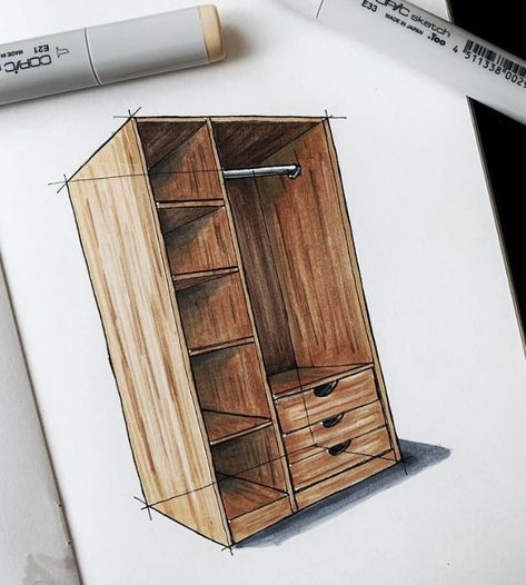 Wardrobe Sketch Drawing, Wood Texture Sketch, Wood Rendering, Wardrobe Sketch, Furniture Sketches, Buildings Sketch Architecture, Texture Sketch, Wood Cupboard, Marker Sketch