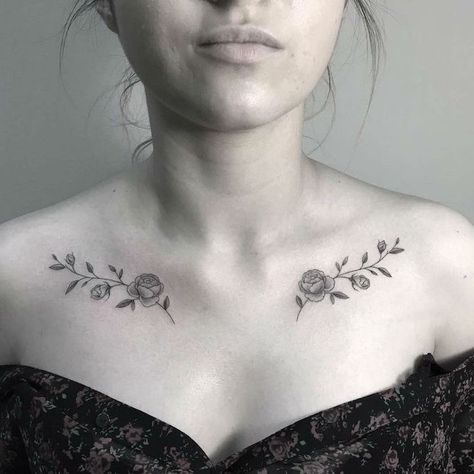 white-background-small-roses-under-colarbones-chest-tattoos-for-women-black-top Lock Tattoo, Clavicle Tattoo, Symmetrical Tattoo, Tattoo Trend, Bone Tattoos, Tattoo Zeichnungen, Cool Chest Tattoos, Chest Tattoos For Women, Fire Tattoo