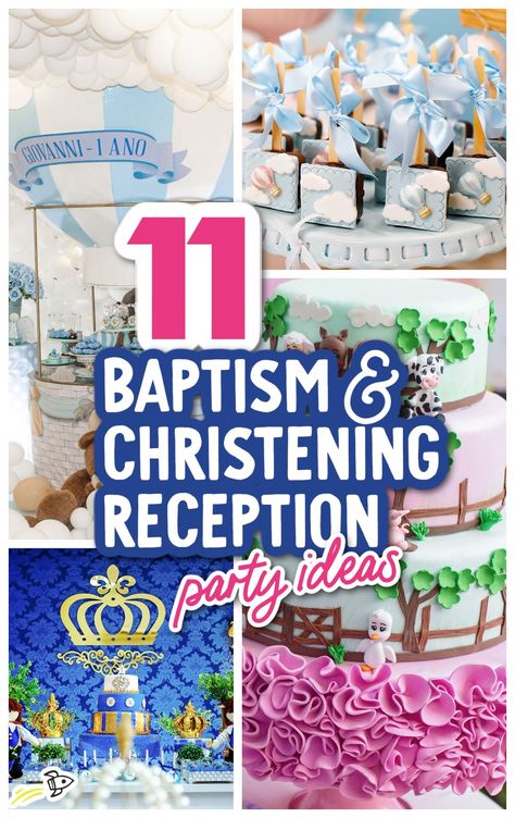 11 Baptism & Christening Reception Party Ideas & Decorations Baptism Party Food, Baby Christening Decorations, Christening Decorations Boy, Christening Party Ideas, Christening Food, Reception Party Ideas, Christening Centerpieces, Baptism Reception, Baptism Themes