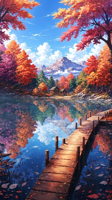 anime wallpaper, wallpaper hd, phone wallpaper, anime aesthetic, lake, forest, autumn, mountains, beautiful landscape, cottagecore, tranquility, calm Fall Anime Aesthetic Wallpaper, Anime Forest Wallpaper, Fall Anime Wallpaper, Autumn Anime Wallpaper, Landscape Cottagecore, Anime Autumn, Landscapes Wallpaper, Autumn Mountains, Fall Anime