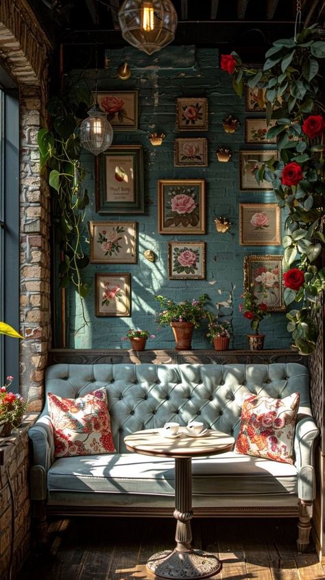 Coffee Bar Maximalist, Cool Waiting Rooms, Eclectic Bar Design, Funky Cafe Interior, Moody Cafe Aesthetic, Maximalist Coffee Shop, Maximalist Cafe, Bar With Plants, Coffee Shop Design Vintage