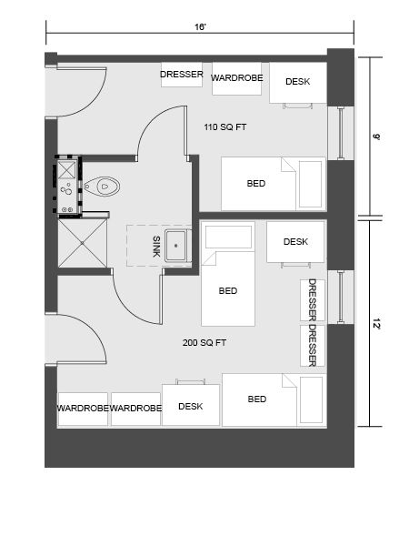 University of South Carolina Housing - Virtual Tour - Honors Residence  our dorm layout and measurement info! Room For 5 People, Dorm Set Up Layout, Uofsc Dorm, Budget Dorm Room, Single Dorm Room, Design Your Own Room, Dorm Layout, Dorm Room Layouts, Small Dorm Room