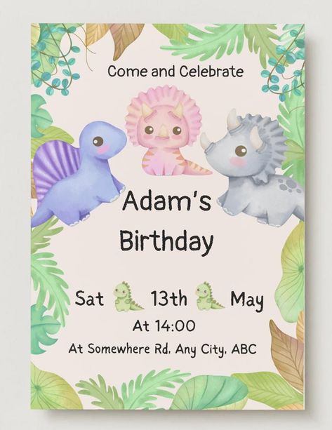 Roar into Fun! 🦖 Dinosaur-Themed Birthday Invite Stomp, chomp, and roar! Our dinosaur-themed birthday invite is designed to make your child's party a prehistoric adventure. Unlike standard invites, ours features vibrant, hand-drawn dinosaur graphics and is fully customisable in Canva--add your child's name, age, and party details with ease. Plus, it's an instant digital download, so you can start planning in no time! Perfect for busy parents looking for a unique, easy-to-use invite that sets th Dinosaur Birthday Party Invitations, Dinosaur Birthday Invitations, Dinosaur Activities, Birthday Party Invitation Templates, Dinosaur Birthday Party, Baby Shower Invites, Birthday Games, Dinosaur Party, Dinosaur Birthday