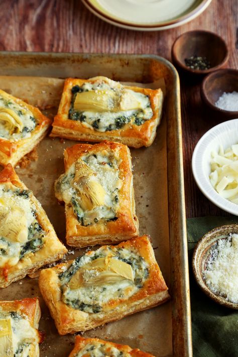 Spinach Artichoke Pastry, Spinach Artichoke Tarts, Artichoke Cheese Tart, Spinach Danish, Artichoke Puff Pastry, Artichoke Tart, Apple Recipes For Fall, Yacht Week, Recipes For Fall