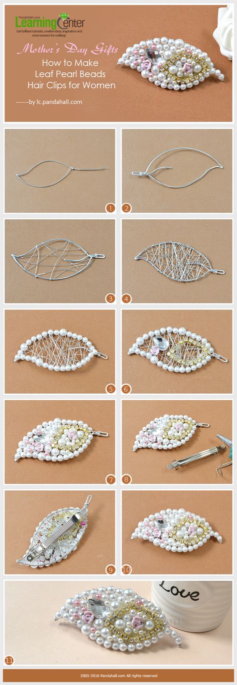 Mother’s Day Gifts-How to Make Leaf Pearl Beads Hair Clips for Women from LC.Pandahall.com Beads Hair, Beaded Hair Clips, Bead Hair Accessories, Hair Clips Diy, Hair Clips For Women, Motifs Perler, Handmade Hair Clip, Brooch Diy, Beaded Jewelry Patterns