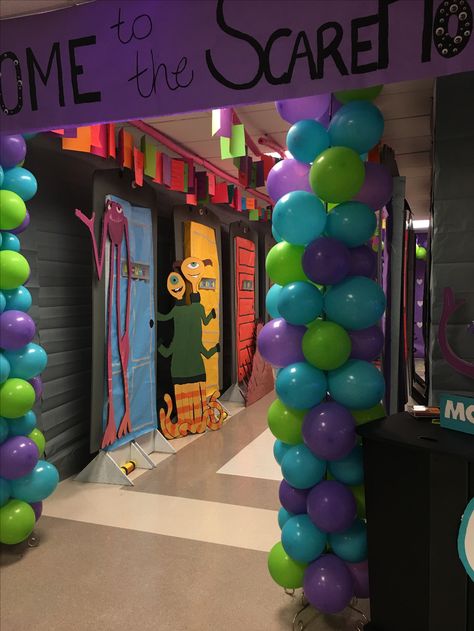 Monsters Inc Room, Disney Homecoming, Homecoming Hallways, Monsters Inc Decorations, School Hallway Decorations, Spirit Week Themes, Monsters Inc Halloween, Chalkboard Pictures, Homecoming Decorations