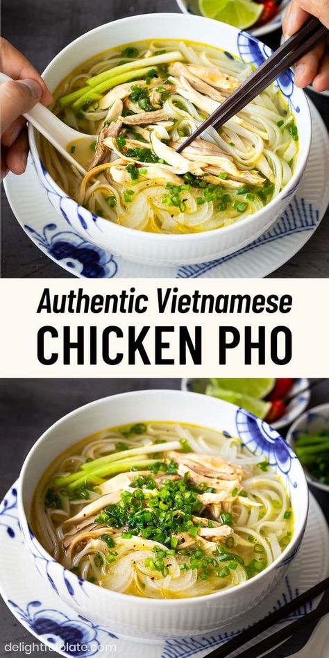 This authentic Vietnamese chicken pho noodle soup (pho ga) recipe features a light, flavorful and fragrant broth, soft rice noodles and shredded chicken. It is very simple and easy to make this dish either on the stovetop or in a pressure cooker such as Instant Pot. It is one of the classic dishes of Vietnamese cuisine. Pho Soup Recipe Easy, Pho Recipe Easy, Vietnamese Pho Soup Recipe, Vietnamese Chicken Pho, Pho Soup Recipe, Pho Ga, Pho Noodle Soup, Asian Soup Noodle, Asian Soup Recipes