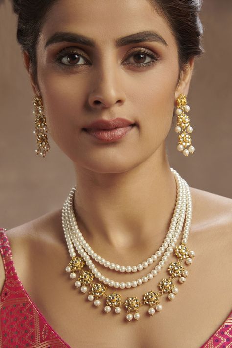 Shop these sparkling collection of Gold Plated Kundan Pearl Layered Necklace Set by Paisley Pop online at Aza Fashions. Paisley Pop Jewellery, Pearl Layered Necklace, Gold Jewelry Prom, Luxury Jewelry Store, Jewelry Necklace Simple, Neck Pieces Jewelry, Work Necklaces, Layered Pearl Necklace, Choker Necklace Designs