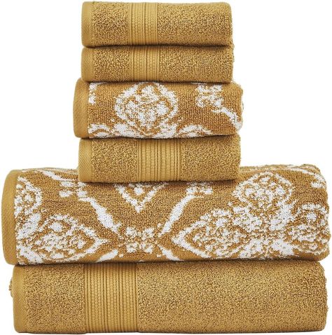 Color	Gold
Brand	Modern Threads
Towel form type	Hand Towel
Age Range (Description)	All Ages
Material	Cotton
About this item
100% Combed Cotton
Transform your bathroom into a spa-like oasis with our luxuriously soft jacquard towel set. Including one solid & one jacquard bath towel and hand towel, and two solid washcloths, our bathroom set is made from 100% yarn-dyed highly absorbent cotton. Gold Bath Towels, Best Bath Towels, Bathroom Towel Rack, White Bath Towels, Towel Rug, Decorative Hand Towels, Soft Bath Towels, Linen Bath Towels, Gold Bathroom