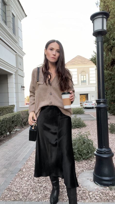 Black satin midi skirt outfit, fall midi skirt outfit, silk midi skirt outfit for work outfit or just coffee meeting. Black Silk Midi Skirt Outfit, Black Satin Skirt Outfit Winter, Skirt Outfit For Work, Satin Skirt Outfit Fall, Black Satin Midi Skirt Outfit, Silk Midi Skirt Outfit, Fall Midi Skirt Outfit, Midi Skirt Fall Outfit, Winter Midi Skirt Outfit