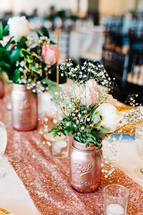 bright mirror rose gold mason jars for wedding decorations ideas Rose Gold Party Theme, Gold Theme Party, 18th Party, Graduation Table Decorations, Rose Gold Wedding Decor, Rose Gold Party Decor, Gold Graduation Party, Rose Gold Theme, 18th Bday