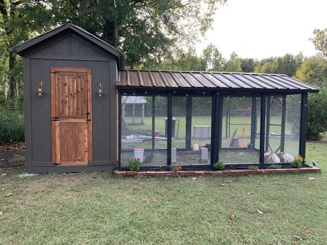 Chicken Coop Ideas & Everything Backyard Chicken | My new coop built by my husband and decorated by me Dog Pen Into Chicken Coop, Chicken Coop With Fence Around It, Chook Pen Ideas Backyard Chickens, Chicken Coop With Covered Run, Black And White Chicken Coop Ideas, Chicken Coop Enclosure Ideas, Chicken Coop Off Shed, Chicken Coop Porch, Dogs And Chickens