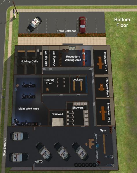 overviewlabel 2 Story Restaurant Design, Sims Police Station, Bloxburg Police Station Decal Codes, Small Police Station, Police Station Floor Plan, Bloxburg Police Station, Bloxburg Prison, Police Station Aesthetic, Prison Architect Layout