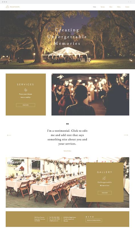 Event Planners Website Template | Wedding Website Design Check more at https://weddingdream.me/52-ideas-for-wedding-planner-business-event-planning/2 Event Planner Website, Event Planning Website, Wedding Website Design, Event Planning Template, Wix Website Templates, Event Website, Wix Templates, Webdesign Inspiration, Business Website Design