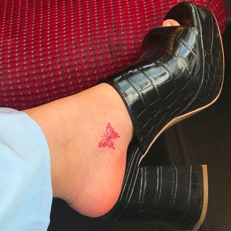 Tattoo On Feet For Women, Red Foot Tattoos, Feet Tattoos For Women Small, Small Feet Tattoos For Women, Red Ankle Tattoo, Small Red Butterfly Tattoo, Tattoo Feet Women, Red Hip Tattoo, God Is A Woman Tattoo