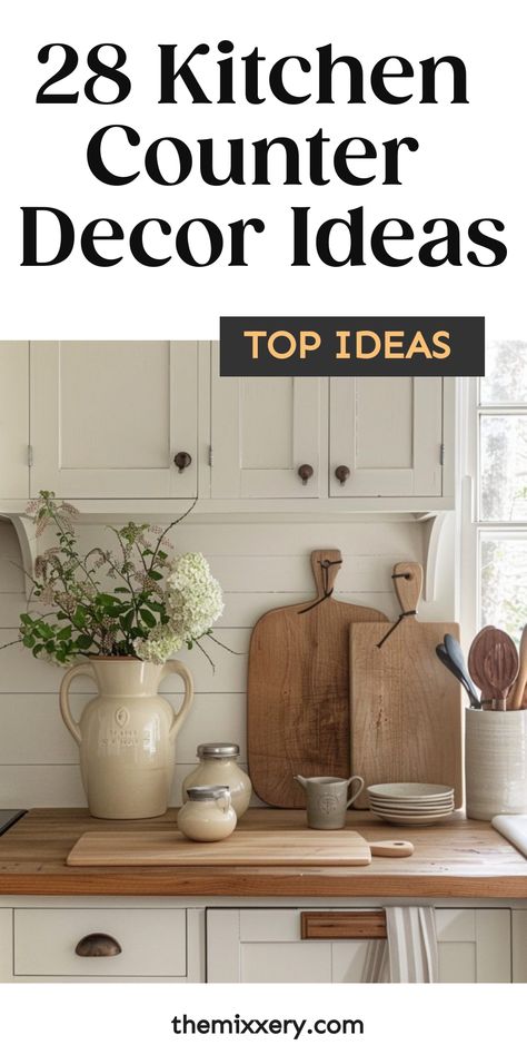 28 kitchen counter decor ideas displayed with rustic kitchen accessories and wooden cutting boards. Kitchen Staging Ideas, Kitchen Counters Ideas, Styling Kitchen Countertops, Modern Kitchen Counter Decor, Kitchen Styling Countertops, Style Kitchen Countertops, Countertop Styling, Style A Kitchen, Kitchen Countertops Decor