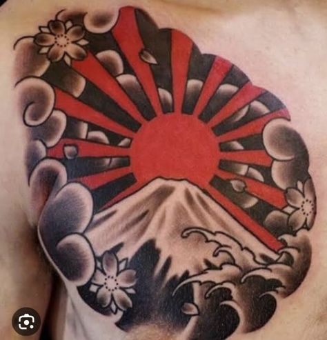 Rising Sun Tattoo, Japanese Sun Tattoo, Sun Tattoo Meaning, Rising Sun Tattoos, Small Wave Tattoo, Japanese Sun, Sun Tattoo Designs, Tattoos Meaning, Japanese Flag