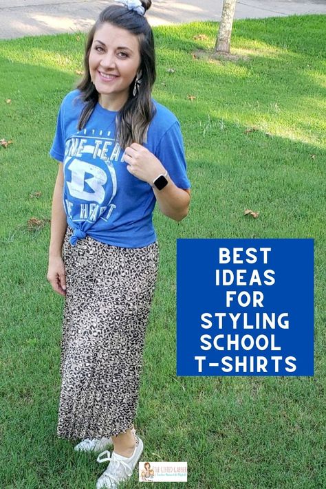 Whether you are a preschool, elementary, middle school, junior high or high school teacher, chances are you have some teacher t-shirts in your teaching wardrobe. Check out these 20 trendy teacher outfits for teacher t-shirts. These outfits, styled by three middle school teachers, will inspire you to elevate your school spirit style. Whether you prefer to look casual and cute, professional, or quirky with staff shirts, these fashion outfits will carry you through fall, winter, and spring! Teacher Outfit T Shirt, T Shirt Professional Outfit, Cute Teacher Assistant Outfits, Teacher Outfit For Hot Weather, How To Wear Teacher Shirts, What Do Teachers Wear To School, How To Style A School Shirt, T Shirt Outfit Teacher, T Shirt Over Dress Outfits Casual