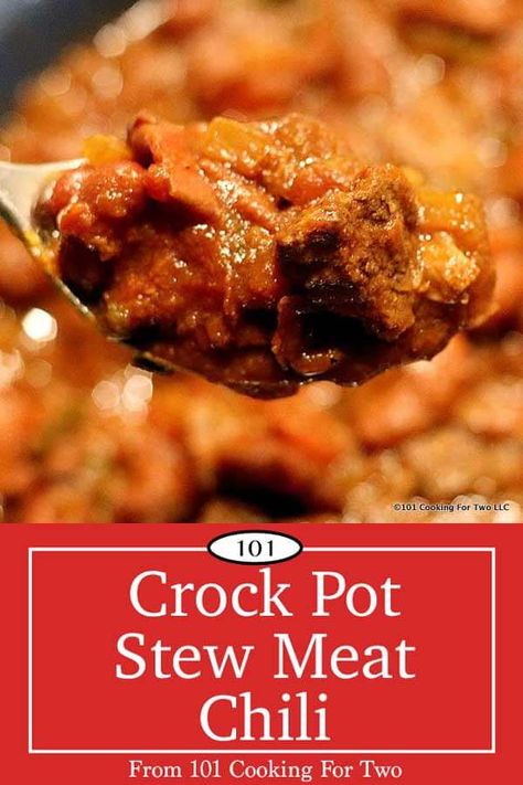 Super easy dump and go chunky stew meat chili. This wonderfully tasty chili brings multiple levels of taste with the optional use of different types of chili peppers. Tender chunks of beef will make this chili a favorite. Crock Pot Chili With Stew Meat, Crockpot Chili Stew Meat, Chili With Stew Meat Crock Pots, Chili With Beef Tips, Crockpot Chili With Stew Meat, Chili Made With Stew Meat, Beef Stew Meat Chili Recipe, Chilli With Beef Stew Meat, Chilli With Stew Meat