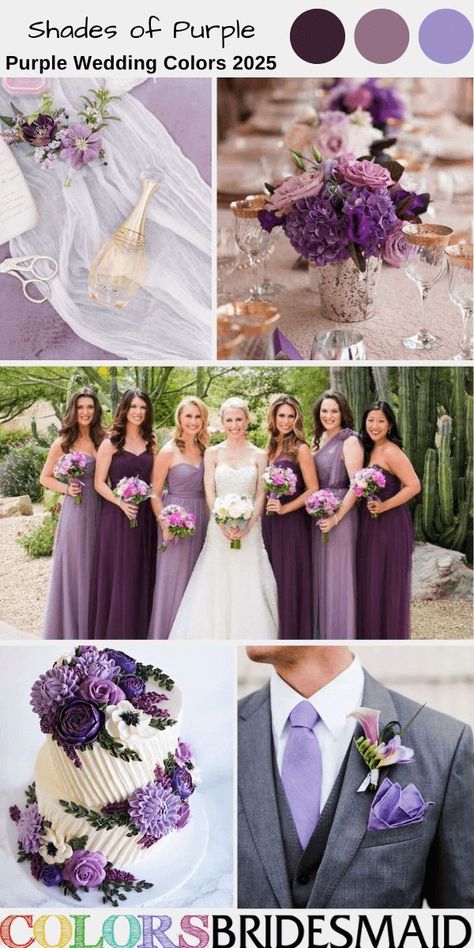 Shades of purple for purple wedding colors 2025, mismatched plum and lavender bridesmaid dresses, dark grey groom suit lavender tie and valerian flower boutonniere, plum, valerian and lavender reception centerpieces and wedding cake décor. #weddingcolors #weddingideas #purpleweddings #colsbm #2025 #bridesmaiddresses #plumwedding #lavenderwedding #plumandlavender Dark Grey Groom Suit, Wedding Colors 2025, Lavender Reception, Valerian Flower, April Wedding Colors, Shades Of Purple Wedding, May Wedding Colors, Plum Wedding Colors, Purple Wedding Colors