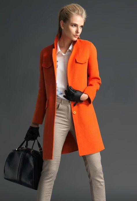 Orange Stand Collar Long Sleeve Pockets Coat 19.17 Orange Coat, Winter Stil, Orange Is The New Black, Coat Outfits, Fashion Mode, Winter Wear, Moda Casual, Stand Collar, New Black