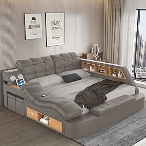 Luxury Smart King Bed Frame, Multifunction Bed Frame Upholstered Platform with Massage Recliner/Bluetooth Speaker/USB Charging Station/Storage Drawers, Leather Headboard/Strong Wooden Slats, Grey Futuristic Bed, Bed Designs With Storage, Leather Bed Frame, Upholstered Storage Bed, Smart Bed, Storage Platform Bed, Lit King Size, Storage Platform, Futuristic Furniture