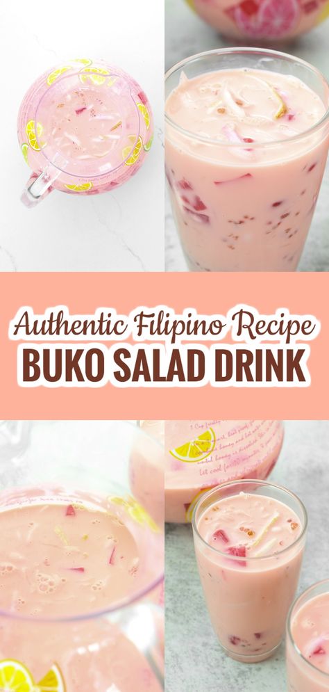 Strawberry Sago With Nata De Coco, Buko Salad, Sago Recipes, Coconut Milk Drink, Coconut Juice, Coconut Meat, Filipino Food Dessert, Coconut Drink, Filipino Foods