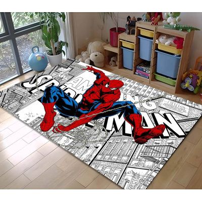 This durable area rug will surely make a style statement in any room. Add playful, colorful, or stylish graphics to effortlessly match your aesthetics. This area rug features hemmed edges and a coated backing, ready for any flat-lay design. TeexCorp | Blue;black;red Area Rug - TeexCorp Rectangle Area Rug black / redPolyester | Wayfair Spiderman Rug, Cartoon Spiderman, Movie Rug, Cartoon Rug, Boys Room Rugs, Spiderman Gifts, Spiderman Cartoon, Playroom Bedroom, Kids Playroom Decor