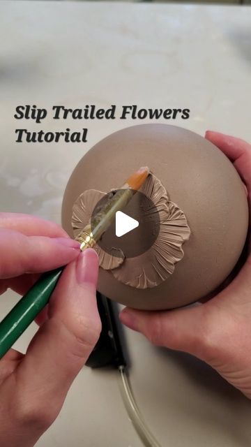 Slip Clay Projects, Slip Work Ceramics, Slip Clay Decoration, Decorating With Slip Pottery, Ceramic Slip Decoration, Making Flowers With Clay, Sliptrailing Designs, Making Clay Flowers, How To Make Ceramic Flowers