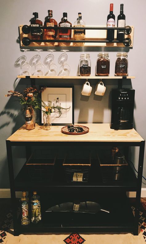 coffee // wine // whiskey bar Coffee Bar Masculine, Wine Coffee Bar Ideas Home, Home Espresso Bar Ideas, Office Whiskey Bar, Aesthetic Coffee Bar Ideas, Liquor Corner Ideas, Bar Corner Apartment, Liquor Station Ideas, Coffee Bar Ideas For Men