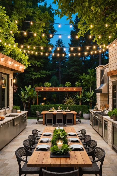 Garden Dining Area Ideas, Entertaining Area Outdoor, Wood Patio Ideas, Big Backyard Ideas, Hardscape Ideas Backyard, Backyard Bbq Area, Entertainers Backyard, Narrow Backyard, Outdoor Kitchen And Dining