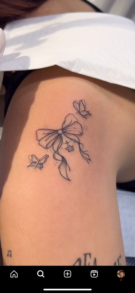 Flowers Tied With Ribbon Tattoo, Girly Shoulder Tattoo, Big Lower Back Tattoos, Small Stomach Tattoos Women, Middle Of Chest Tattoo Female, Cutesy Tattoos, Chest Tattoo Female, Pretty Tattoo, Small Girly Tattoos