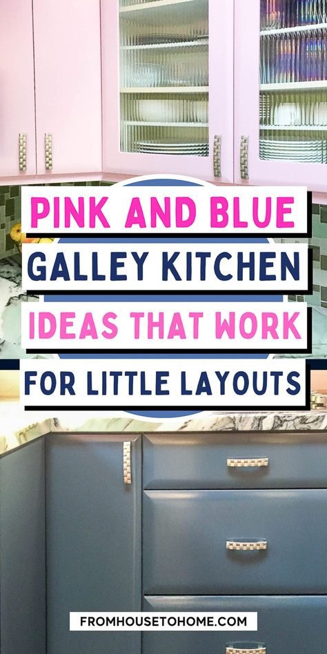 Find some inspiration from our before and after photos to update your small kitchen galley in pink and blue! Such a gorgeous color combination to choose for your small kitchen galley! Pink And Blue Kitchen Ideas, Blue And Pink Kitchen, Pink And Blue Kitchen, Small Galley Kitchen Remodel, Small Room Ideas, Cheerful Kitchen, Small Galley Kitchen, House To Home, Sewing Room Storage