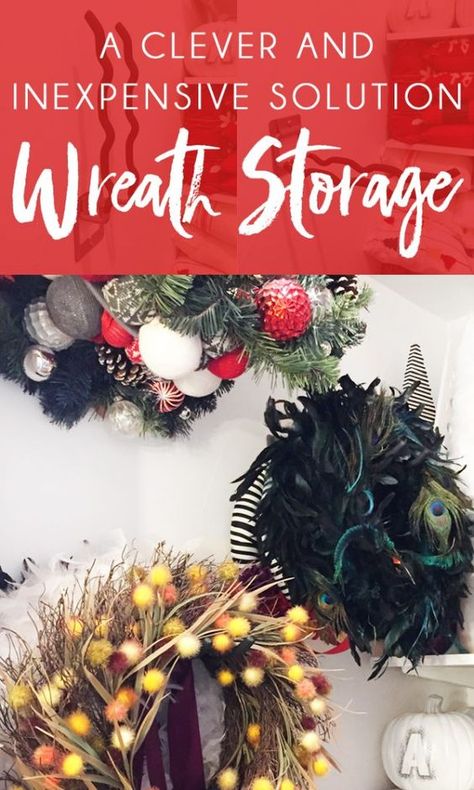 Wreath Storage Ideas Easy Diy, Best Way To Store Wreaths, How To Store Wreaths In Attic, Wreath Making Organization, Wreath Storage Ideas Garage, How To Store Wreaths In Garage, Storing Wreaths Ideas, Wreath Storage Ideas Organizing, How To Store Wreaths