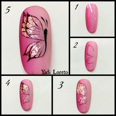 Butterfly On Nails Step By Step, Foil Work Nail Art, Butterfly Nails Step By Step, Butterflies Nail Art, Simple Butterfly Nail Art, Butterfly Nail Art Designs, Trendy Summer Nails 2023, Make Nails, Trendy Summer Nails