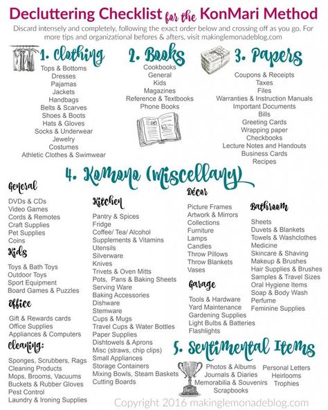 The Ultimate FREE Printable Decluttering Checklist for KonMari Success! | Making Lemonade | Bloglovin’ Konmari Checklist, Konmari Organizing, Decluttering Checklist, Making Lemonade, Konmari Method, Home Organisation, Organize Declutter, Declutter Your Home, Tidy Up