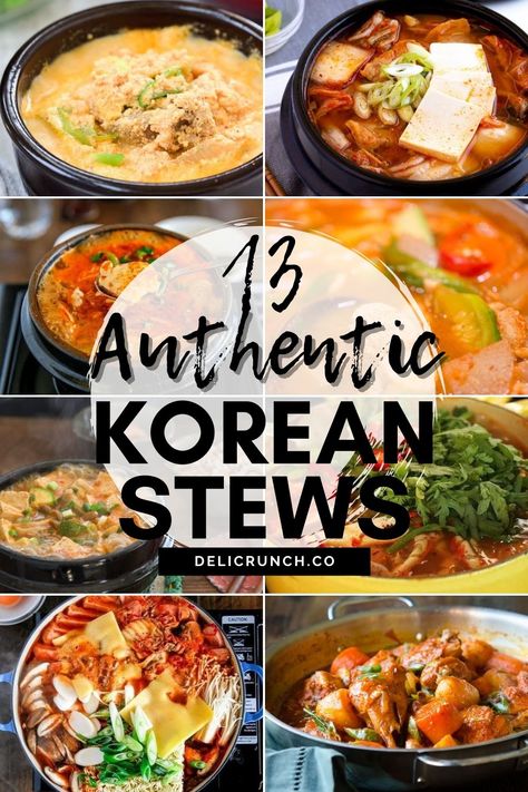 Hearty Korean stew recipes featuring a variety of ingredients like beef, pork, seafood, and vegetables cooked in a flavorful broth, jjigae is a guaranteed crowd-pleaser. From classic combinations of silky tofu and kimchi to spice-filled seafood stews, here are 13 of the best and most authentic jjigae recipes. Jigae Korean Food, Soup Recipes Korean, Korean Fish Stew, Asian Stew Recipes, Authentic Korean Food Recipes, Spicy Stew Recipes, Korean Stone Bowl Recipes, Kimchi Stew Aesthetic, Korean Soups And Stews Recipes