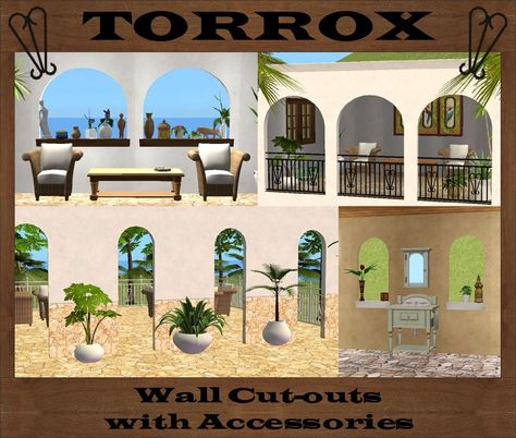 Mod The Sims - Torrox Spanish/Southwestern Build Set Part 7 - Wall Cut-outs Wooden Window Sill, Mediterranean Doors, Apartment Doors, Wall Cut Outs, Wall Cutout, Double Window, Apartment Door, Window Accessories, Hotel Apartment