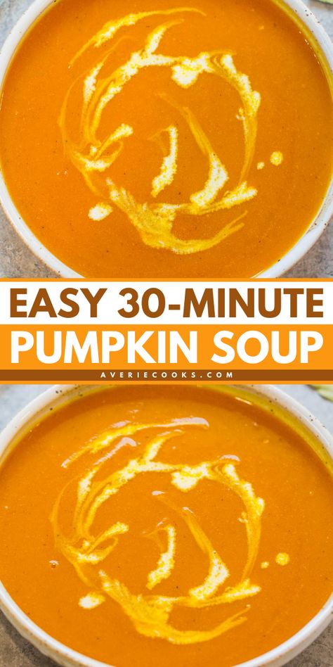 There's so much to love about this 30-minute pumpkin soup! Not only is it a hearty, delicious soup, but it is also accidentally healthy. Plus, this cozy dinner recipe is gluten-free and vegan! Have a bowl of this easy fall comfort food tonight! Pumpkin Soup Recipe Easy, Pumpkin Soup Healthy, Pumpkin Recipes Easy, Pumpkin Soup Recipe, Easy Soup, Pumpkin Flavor, Healthy Pumpkin, Easy Soups, Easy Soup Recipes