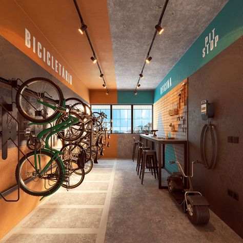 Bike Store Interior, Bicycle Store Design, Bike Store Design, Bike Shop Interior Design, Cycle Store Design, Apartment Bike Storage, Bike Room Design, Bicycle Parking Design, Bike Storage Design