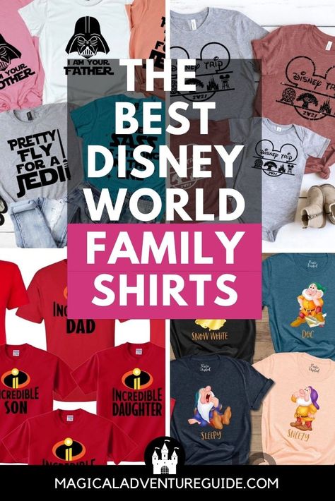 Whether you want a matching set, shirts coordinated by theme, or personalized tees, these top picks of the best family shirts for your Disney vacation are super fun! We've got something for everyone with these cute shirts! Disney Tee Shirt Ideas, Family Of 5 Disney Shirts, Matching Disneyworld Shirts, Disney Tees Family, Matching Shirts For Disney World, Family Disney Trip Shirts Ideas, Family Shirts Disney World, Disney Family Trip Ideas, Tshirts For Disney Trip