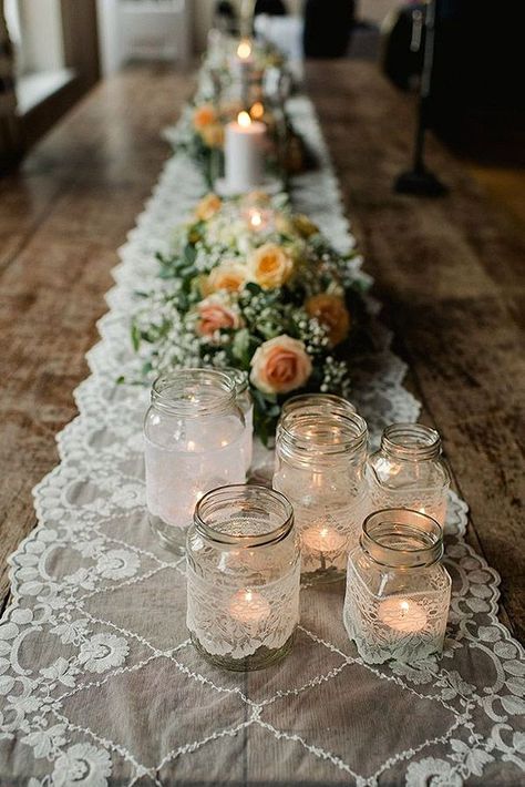 Then table runner give a special celebratory atmosphere for boho wedding. Our bohemian table runner gallery incorporate the best ideas for your inspiration. #wedding #bride #bohowedding #bohemian table runner Red Mason Jars, Boho Wedding Theme, Bohemian Table, Centerpieces Ideas, Lace Runner, Lace Table Runners, Table Runners Wedding, Wedding Tables, Lace Table