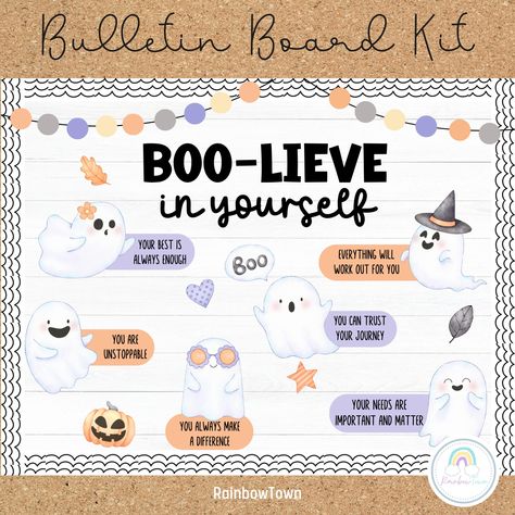 Halloween Bulletin Board I Nurse Bulletin Board Kit What's included Board Bunting Board Border Board Elements Pre-Made Words Editable Cute Ghost 3 Optional Sayings Instructions for use : Format file: Printable PDF Editable PPT files can be used on PowerPoint or Google Slides Easy print on 8.5" x 11" (US Letter) or A4 Colors may vary depending on the devices and printers Pink Halloween Bulletin Board, Interactive Halloween Bulletin Boards, Halloween Mental Health Bulletin Board, Halloween Bulletin Boards Middle School, October School Bulletin Boards, Halloween Boards Bulletin, Halloween Word Board, Halloween Affirmations, Huddle Board