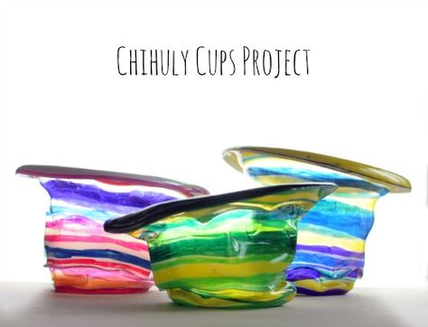 Welcome, Pinterest people! I've had so many questions regarding my Chihuly cup project. I made these with cups I bought at our local grocery store, and since then have had trouble finding. Boo. I used the cups with the little #6 on Chihuly Art Projects For Kids, Dale Chihuly Art Projects, Muffin Activities, Chihuly Art Projects, Alfrado Sauce, Dale Chihuly Art, Cup Sculpture, Charity Crafts, Awana Ideas