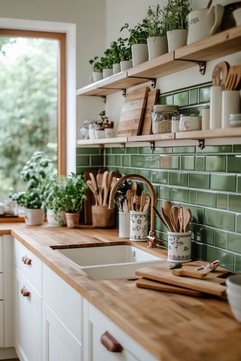 15 Ideas for a Stunning Backsplash with Butcher Block Countertops – Elegant Inspo Green Kitchen Cabinets Butcher Block, Butcher Block Bathroom Counter, Backsplash With Butcher Block, Green Kitchen Backsplash, Butcher Block Countertops Kitchen, Butcher Block Countertop, Green Backsplash, Sage Green Kitchen, Butcher Block Kitchen