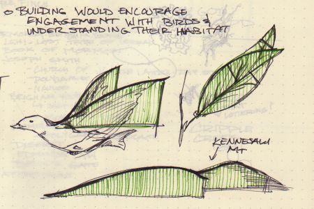 The addition of the green ink rendering comments on the relationship this building concept has with nature and its forms. Design Concept Architecture, Form Concept, Biomimicry Architecture, Architectural Concept, Conceptual Sketches, Concept Sketches, Concept Models Architecture, Pavilion Architecture, Pavilion Design