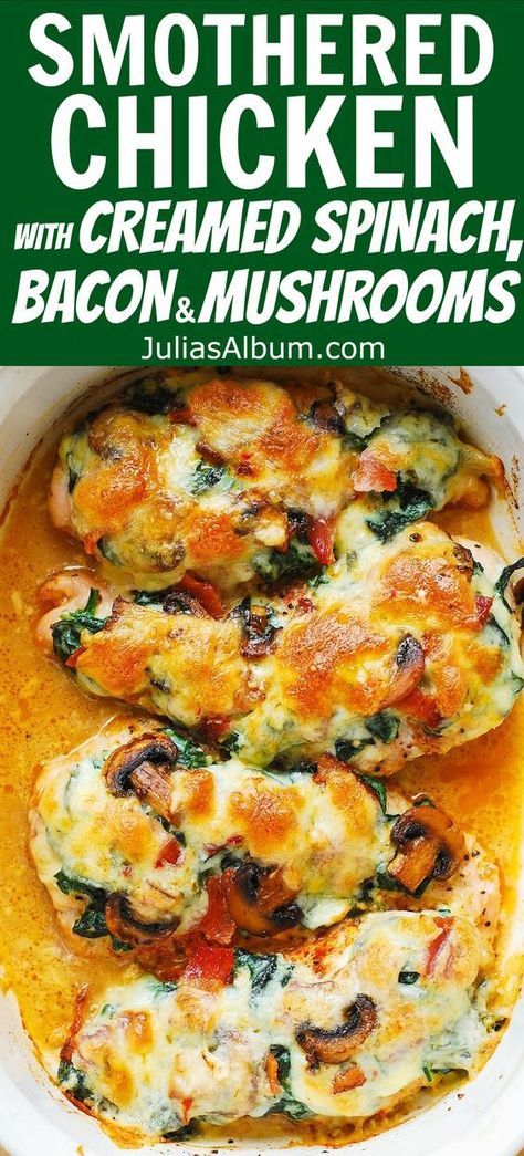 Smothered Chicken With Creamed Spinach, Chicken With Creamed Spinach, Dumplings Crockpot, Chicken Spinach Mushroom, Smothered Chicken Recipes, Creamy Mushroom Chicken, Stuffed Chicken Breast Spinach, Smothered Chicken, Bacon Stuffed Mushrooms