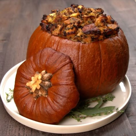 Roasted Stuffed Pumpkin Recipe & Video | TipHero Stuffed Pumpkin, Sage Sausage, Dry Bread, Pumpkin Recipe, Ground Italian Sausage, Mild Italian Sausage, Roasted Pumpkin, Sugar Pumpkin, Roast Pumpkin