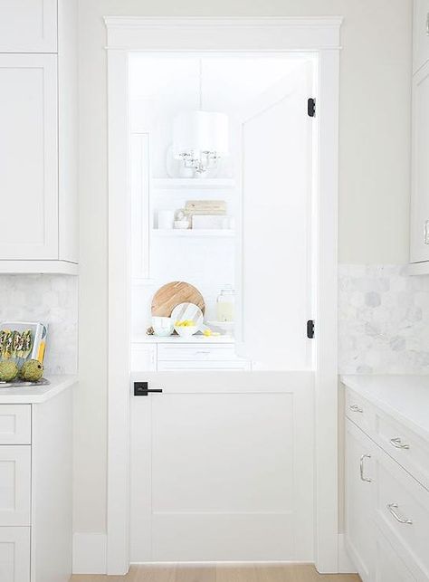 Pantry Pocket Door, Pocket Door Design, Beadboard Trim, White Shaker Cabinet, Bronze Door Knobs, Pure Salt Interiors, White Beadboard, Door Design Ideas, Cottage Kitchen Design