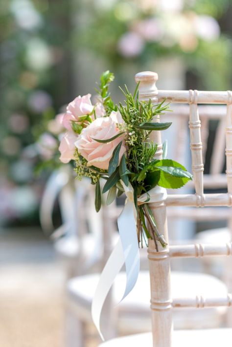 Chair Ends Wedding, Wedding Chair Florals, Romantic Ceremony Decor, Ceremony Chair Decor, Outdoor Wedding Chairs, Wotton House, Rose Chair, Florist Ideas, Wedding Ceremony Chairs